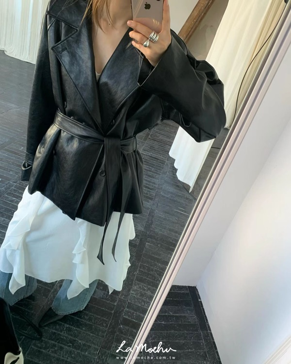 風衣式袖鈕扣軟皮革外套